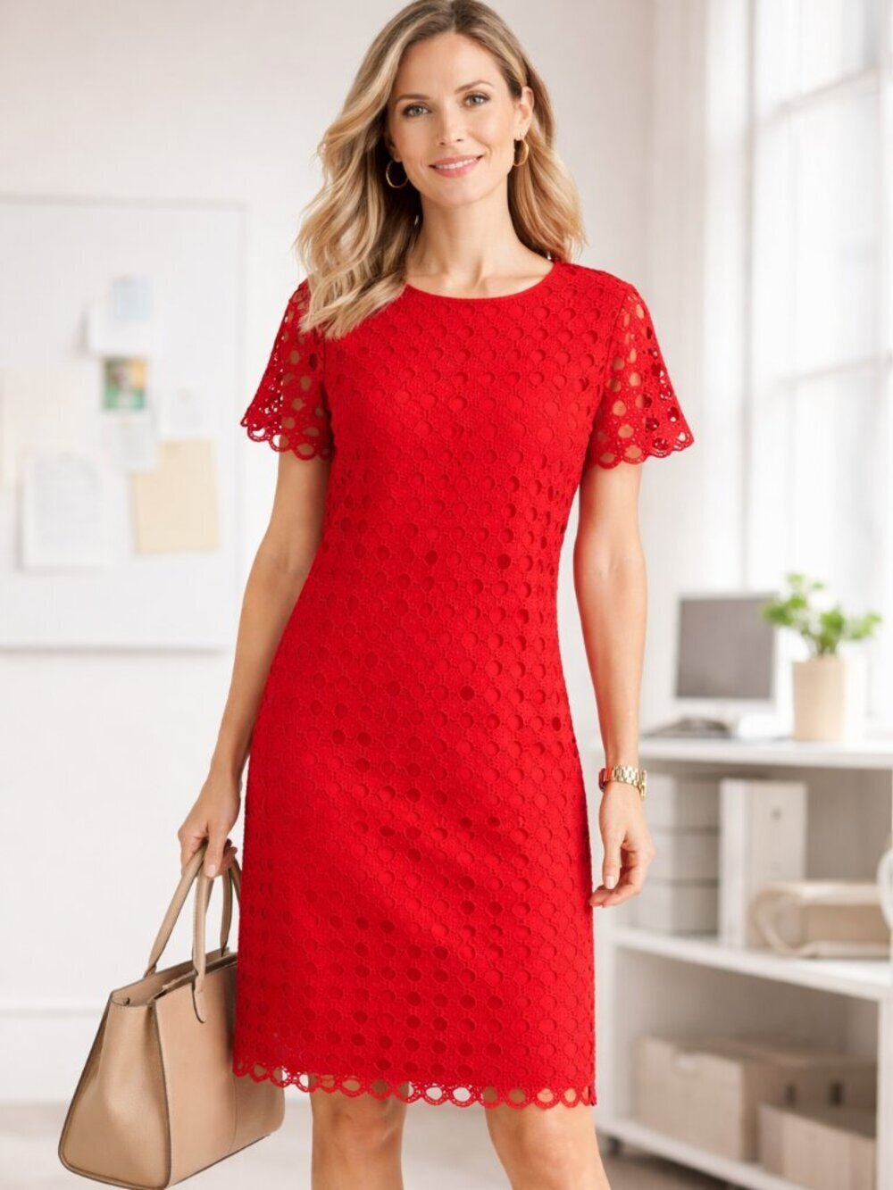 Talbots Red Eyelet Lace Shift Dress Lined Short Sleeve Classic Corpcore NWT 10P